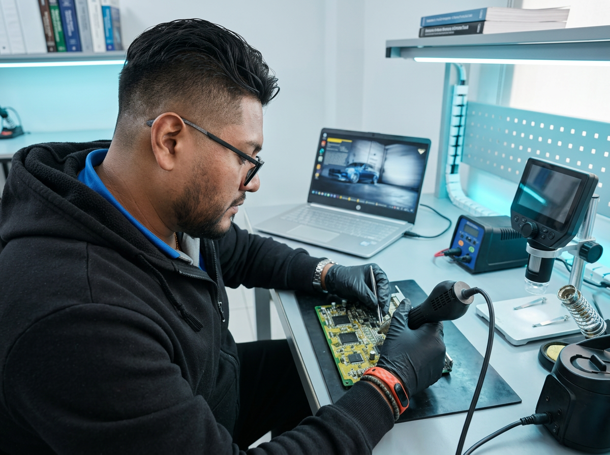 Técnico de EduCarTronic reparando un módulo electrónico automotriz