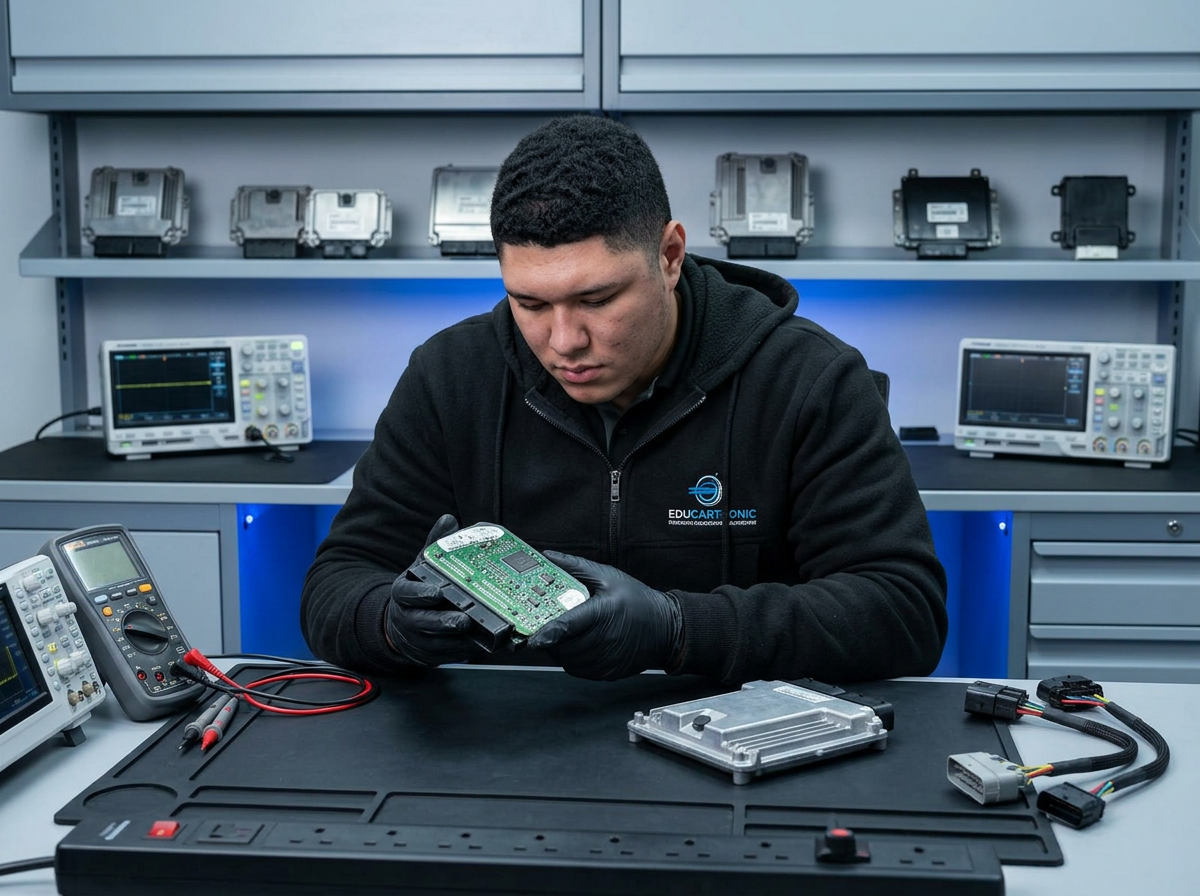 Técnico de EduCarTronic inspeccionando una computadora automotriz
